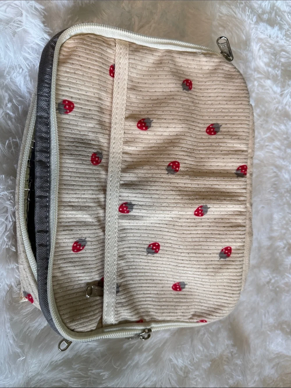 Cream Strawberry Print Cosmetic Pouch